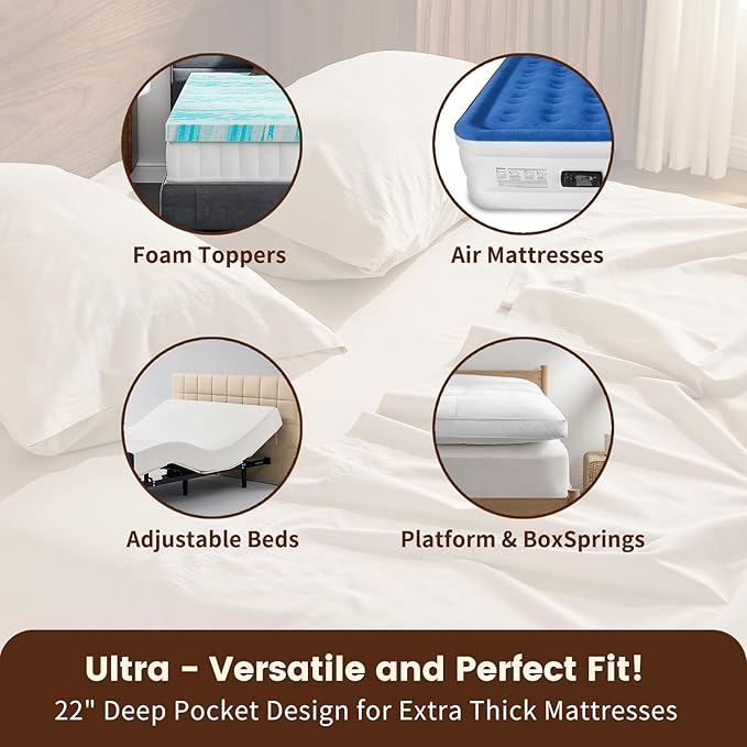 100% Linen Sheet Set King Size Extra Deep Pocket Fits 18-24 Inch Mattress, Breathable & Soft, Smooth 6-Piece Set for Thick Mattresses Hotel Luxury Bedding（King, Linen）