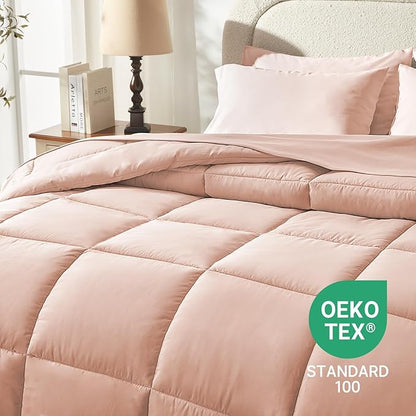 Sunstyle Home Pink Full/Queen Comforter Set - 7 Pieces Bed in a Bag, Lightweight Goose down Alternative Bedding Sets with All Season Box Stitched Comforter, 1 Flat Sheet, 1 Fitted Sheet, 4 Pillowcases