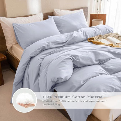 CozyTide King Size Comforter Set,Cotton Light Blue Bedding Comforter Set,3 Pieces (1 Solid Comforter and 2 Pillowcases) Soft Lightweight King Size Bedding Set for All Season