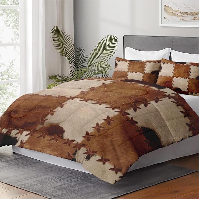 Twin Size Comforter Set with Pillowcase, Vintage Retro Cowhide Rustic Cow Soft 2 Pcs Bedding for Kids and Adults Bedroom Bed Decor