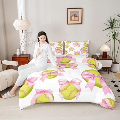 Cute Softball Comforter Set Full Size,Pink Bowknot Print Bedding Sets 3Pcs for Kids Girls Boys Women Room Decor,Ball Sports Gaming Duvet Insert Softball Player Down Comforter,2 Pillowcases