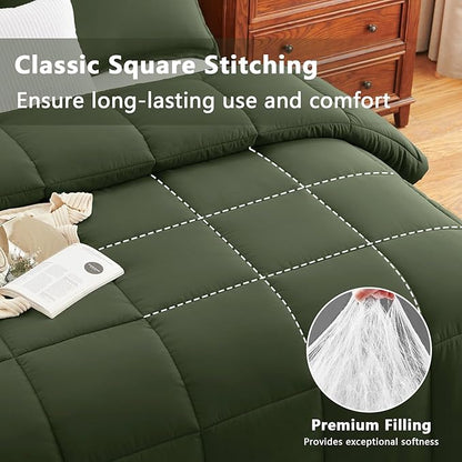 CozyLux King Comforter Set - Olive Green Comforter King Size, 3 Pieces Box Stitched Bed Set for All Seasons, Soft Lightweight Bedding Sets with 1 Down Alternative Comforter and 2 Pillow Shams
