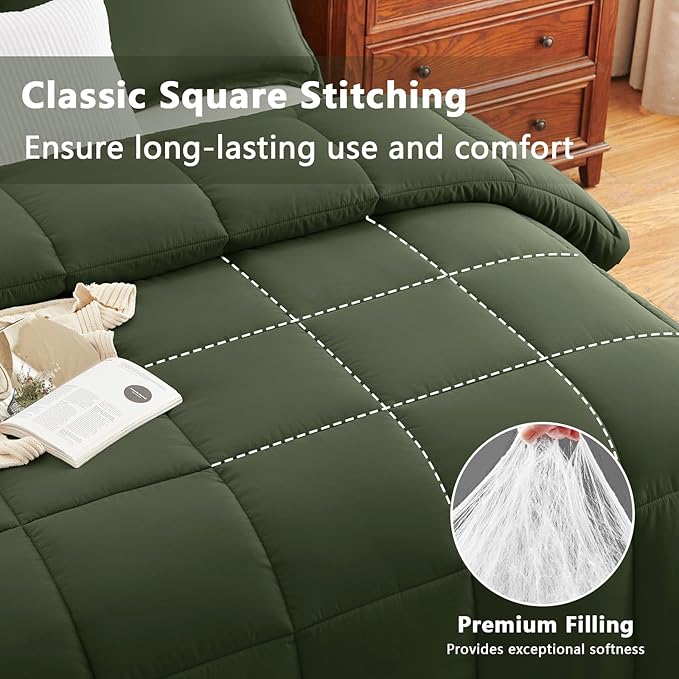 CozyLux Queen Size Comforter Set - Olive Green Comforter Queen Size, 3 Pieces Box Stitched Bed Set for All Seasons, Soft Lightweight Bedding Sets with 1 Down Alternative Comforter and 2 Pillow Shams