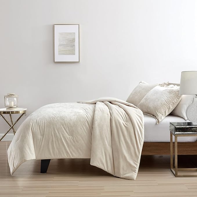 Luxury Velvet Queen Comforter Set, 3 Pieces Reversible Comforters Queen Size with 2 Pillow Shams, Brushed Solid Microfiber Back, All Season Cozy, Soft, Warm, Lightweight (Beige, 90x90 Inch)