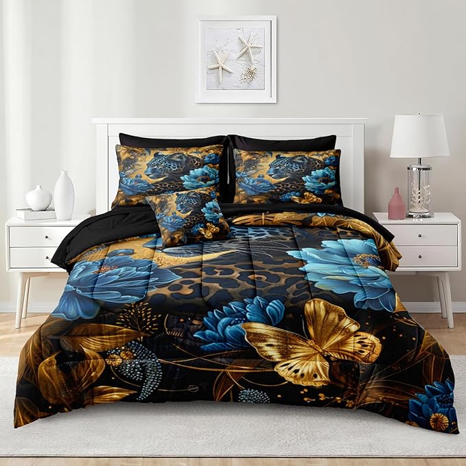Black Gold Comforter Set Leopard Animal Bedding Set Blue Floral Brown Leopard Print Black and Blue Comforter Forest Theme Vintage Retro Black Bed in A Bag King