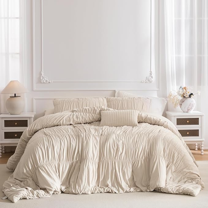 Lady Ann Oversized King Bed Comforter Set- Wheat Ruched Boho 120 x 120 Comforter Set for Bedroom, 3 Piece Fluffy Bedroom Set with Pillow Shams Soft All Season Bed Sets