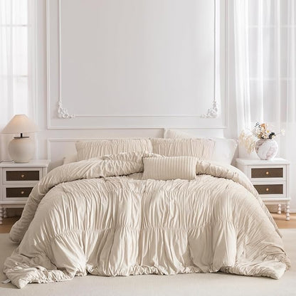 Lady Ann Queen Size Comforter Set 90"*90" - Wheat Ruched Boho Bedding Comforter Sets for Bedroom, 3 Piece Fluffy Bedroom Set with Pillow Shams Ultra Soft All Season Bed Sets for Women Men