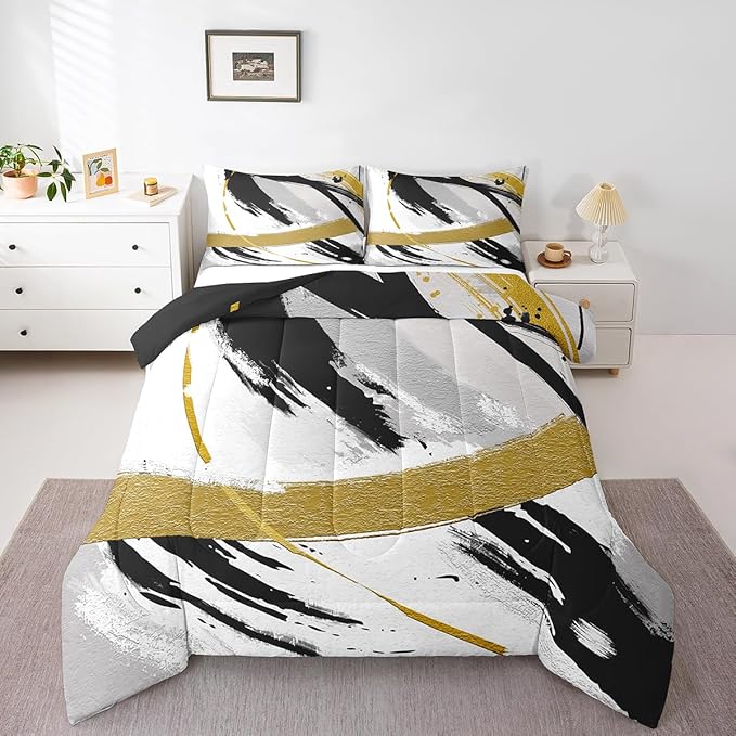 Erosebridal Black Grey Gold Bedding King Brush Strokes Oil Painting Comforter Set, Gradient Abstract Vintage Duvet Insert Ombre Graffiti Down Comforter, Contemporary Modern Bedding Comforter Sets