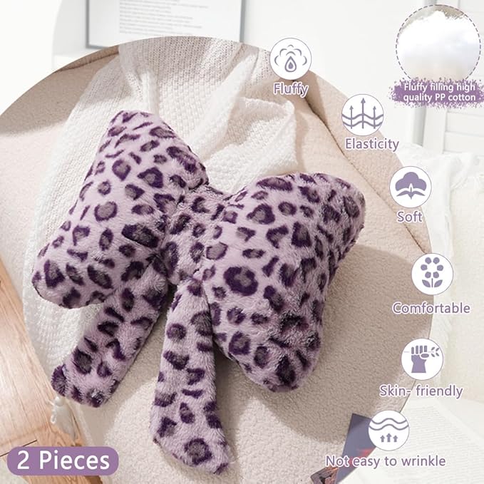 Leopard Print Throw Pillow Furry Bow Plush Pillows Cute Flower Plush Pillow Cheetah Home Decor Stuffed Bow Lumbar Pillow for Bed Couch Living Room Decor (Purple, 16in)