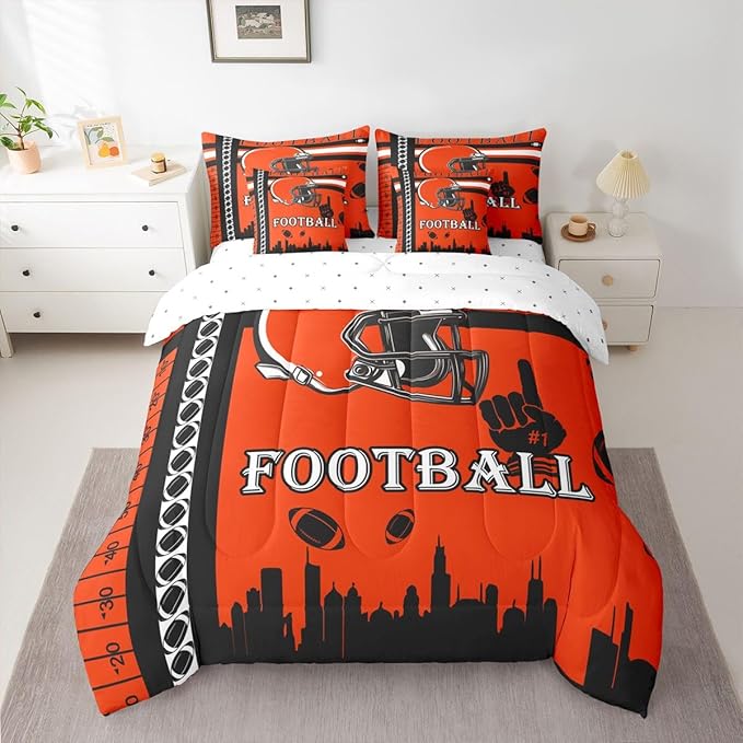 Feelyou Football 7 Pieces Comforter Sets Rugby Sports Bedding Set for All Season King Size Football City Bed in a Bag with Comforter, Sheets, Pillowcases & Cushion Cover