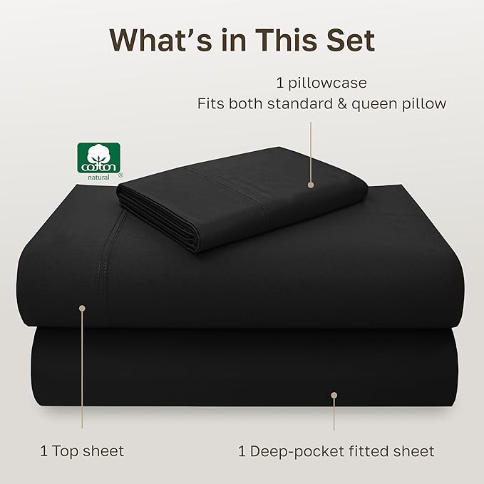 California Design Den Twin XL Sheets Set - Luxury 600 Thread Count Sateen, Natural 100% Cotton Sheets, Fully Elasticized Deep Pockets, Crisp, Cool and Durable Bedding for Dorm Room - Black