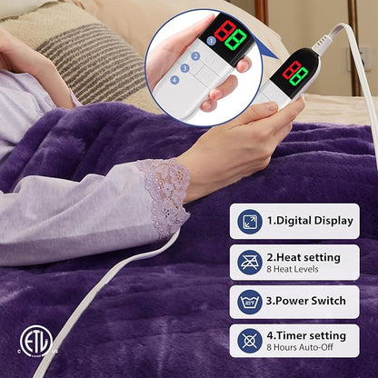 MAXEVE Electric Heated Throw Rabbit Faux Fur Blanket with 8 Heating Levels & 8H Auto Off, Fast Heating Warm Cozy Sherpa Washable Electric Blanket with Over-Heat Protection, ETL Certification, Purple
