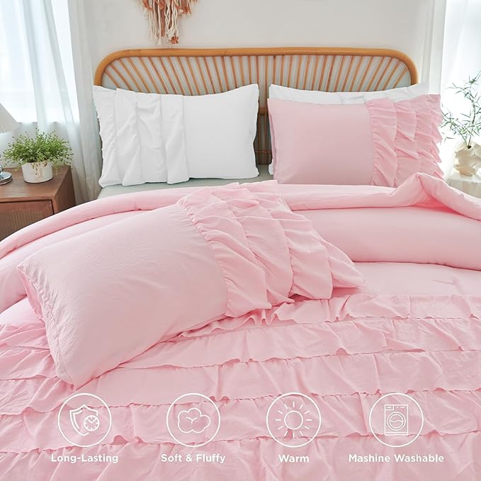 PERFEMET Pink Ruffled Comforter Set Twin Multi-Layers Ruffle Bedding for Girls Princess Bedding Set Kids Chic Room Decor (Light Pink，Twin)