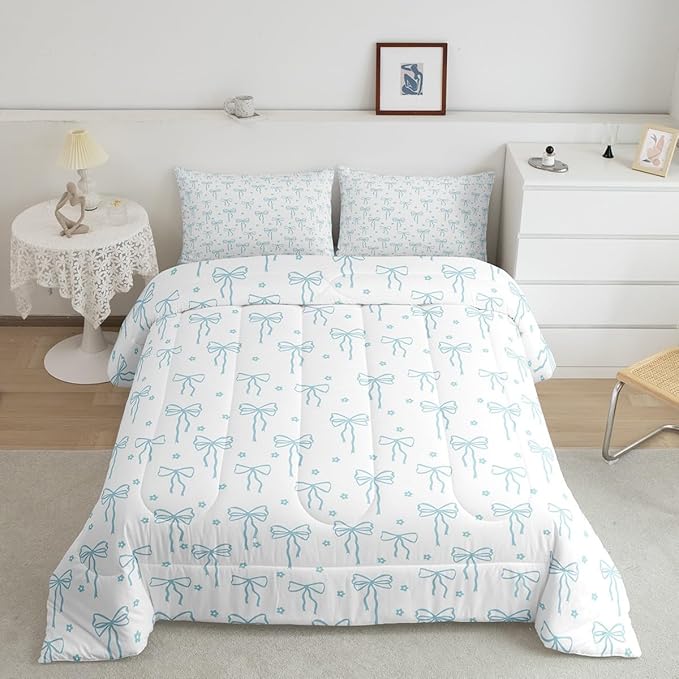 Castle Fairy Blue Bow Comforter Set King Size,Bow Print Bedding Set 3Pcs for Kids Teens Adults Room Decor,Flower Floral Down Comforter Princess Bedding Comforters,2 Pillowcases