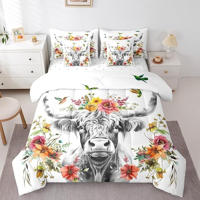 Erosebridal Highland Cow Floral Comforter Set 7 Piece Full Size Bull Cattle Flower Bed in a Bag Wildlife Farmhouse Cow Quilt Set Hummingbird Sheet Set Soft Reversible All Season White Bedding Set