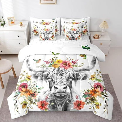 Erosebridal Highland Cow Floral Comforter Set 7 Piece Full Size Bull Cattle Flower Bed in a Bag Wildlife Farmhouse Cow Quilt Set Hummingbird Sheet Set Soft Reversible All Season White Bedding Set