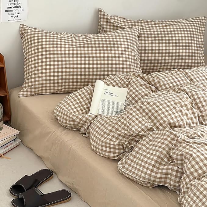 Nayoroom Brown Gingham Comforter Set Queen Size Tan White Plaid Checkered Comforter 3 Pieces Soft Lightweight Grid Dorm Bedding Set for All Seasons
