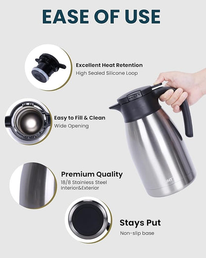 GiNT 51Oz Stainless Steel Thermal Coffee Carafe with Lid/Double Walled Vacuum Thermal Carafe / 12 Hour Heat Retention (Silver, 1.5L)