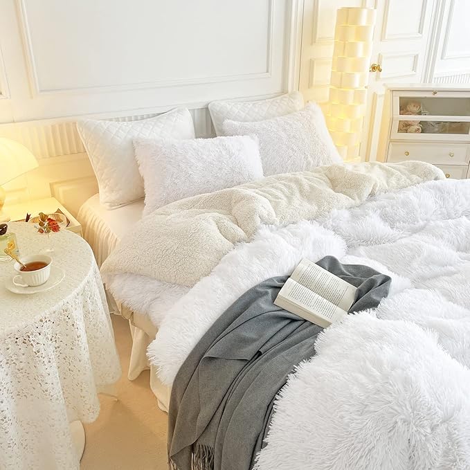 UOZZI BEDDING White Faux Fur Comforter Set King 3 Pieces - 1 White Shaggy Comforter with 2 Pillowcases - Ultra Soft and Easy Care Luxury Plush Warm Winter Duvet Set
