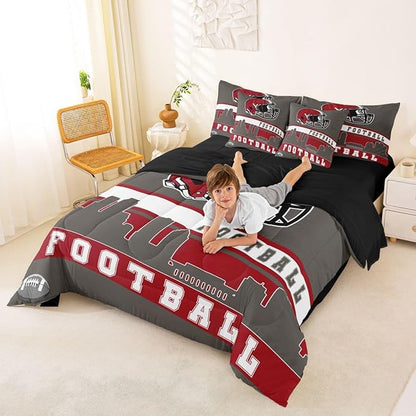 Erosebridal Football City 7 Pcs Comforter Set Queen Football Bedding for Boys Girls Grey Red Rugby Game Sheet Set Bed in A Bag Football Fans Bedroom Decor Sports Ball Team Quilt