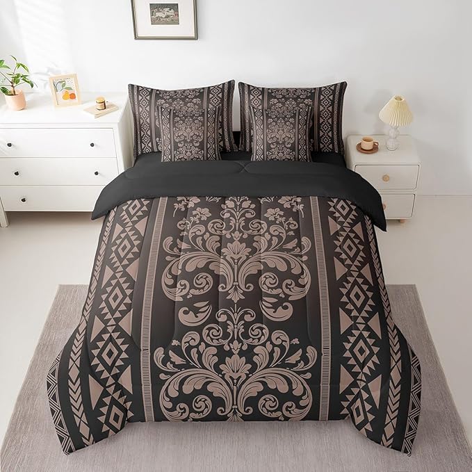 Comforter Set King Size, Chocolate Brown Damask Aztec 7 Pcs Bedding for Kids and Adults, Baroque Western Gothic Floral Bed Sheet Sets with Fitted Sheet 2 Pillowcases & 2 Shams for Bedroom Bed Decor
