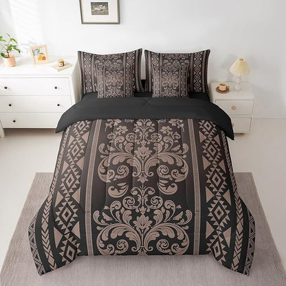 Comforter Set Twin Size, Chocolate Brown Damask Aztec 7 Pcs Bedding for Kids and Adults, Baroque Western Gothic Floral Bed Sheet Sets with Fitted Sheet 2 Pillowcases & 2 Shams for Bedroom Bed Decor