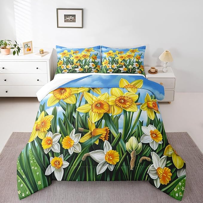 Erosebridal Rustic Flowers Bedding Set for Girls Women,Blossom Daffodil Floral Bedding Comforter Sets Twin Country Farmhouse Comforter Set,Pastoral Green Leaf Quilt Duvet Spring Home Decor