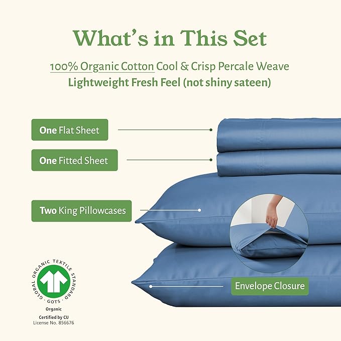 California Design Den California King Sheets Set - Soft 100% Organic Cotton, Crisp and Cool Percale, Deep Pocket Organic Sheets with Anti-Skid Elastic, Breathable and Durable Bedding - Riviera Blue