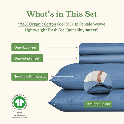 California Design Den California King Sheets Set - Soft 100% Organic Cotton, Crisp and Cool Percale, Deep Pocket Organic Sheets with Anti-Skid Elastic, Breathable and Durable Bedding - Riviera Blue