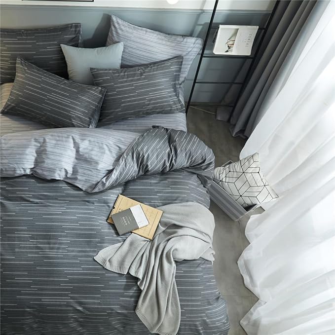 VM VOUGEMARKET Striped Comforter Set Queen,3 Pieces Blue Grey Stripes Comforter with 2 Pillowcases for Teen Boys Men Simple Modern Bedding Set (90"x90")