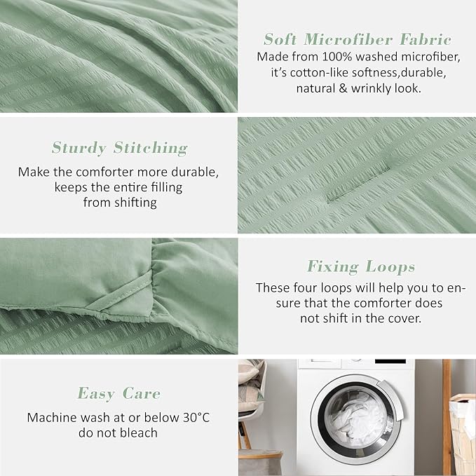 Sage Green Seersucker Comforter Queen Size with Ruffled Edges, Ultra-Soft Sage Green Bedding Set Queen Size 3 Piece Set, Down Alternative Comforter Set(Queen/90 * 90)