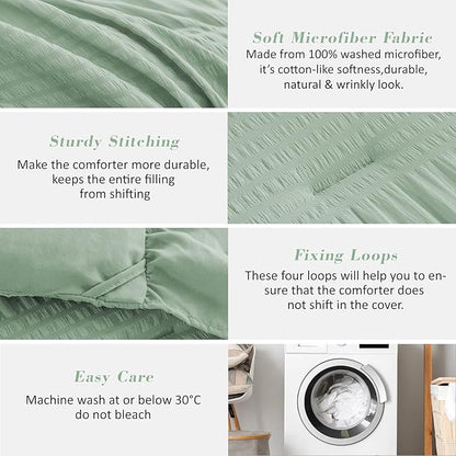 Sage Green Seersucker Comforter Queen Size with Ruffled Edges, Ultra-Soft Sage Green Bedding Set Queen Size 3 Piece Set, Down Alternative Comforter Set(Queen/90 * 90)