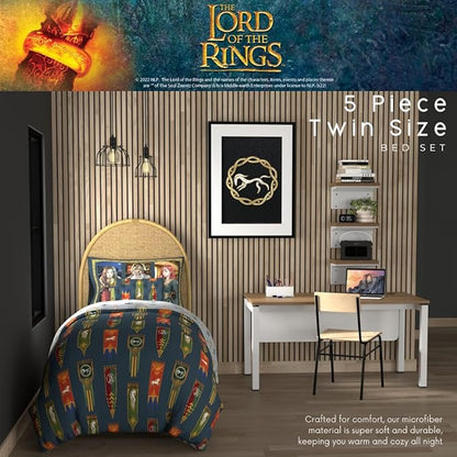 The Lord of The Rings: The War of The Rohirrim 5 Piece Super Soft Cozy Reversible Comforter and Sheet Set with Sham, Twin, (Officially Licensed Product) by Franco