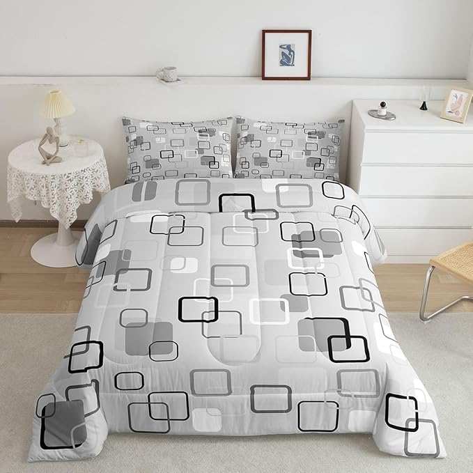 Erosebridal Gray Abstract Squares Bedding Set Queen Modern Aesthetic Geometric Comforter Set for Kids Girls Boys Minimalist Striped Down Comforter Boho Neutral Plaid Quilt Duvet