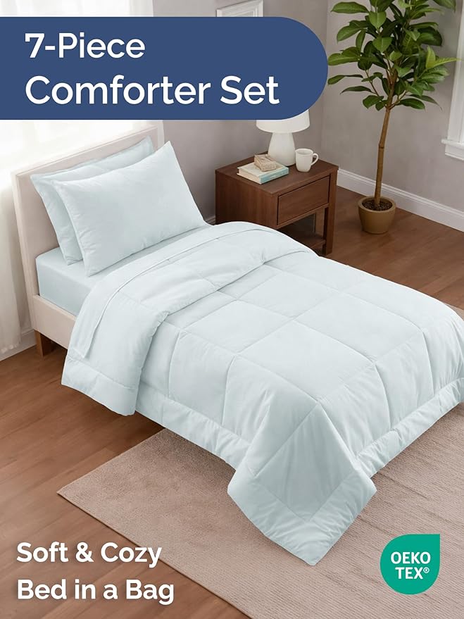 Twin Comforter Set - 5 Piece Bed in a Bag Twin Size Bed Set - Down Alternative Comforter, Flat Sheet, Fitted Sheet, Pillowcase & Sham for All Seasons - Ultra Soft, Cozy, Comfy & Breathable - Ice Blue