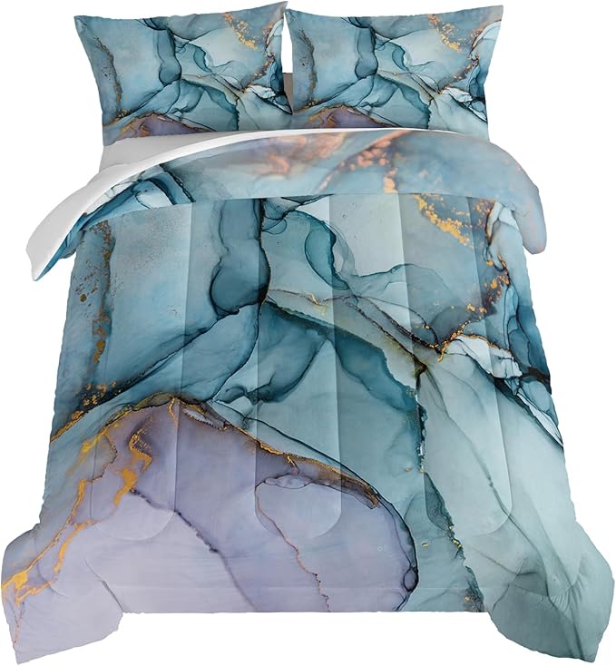 HOSIMA Marble Abstract Bedding Set Twin Size, Gold and Blue Marble Comforter Set for Girls Kids Women Bedroom Decor,Bedding Comforter Sets 3 Pieces with 2 Pillowcases.