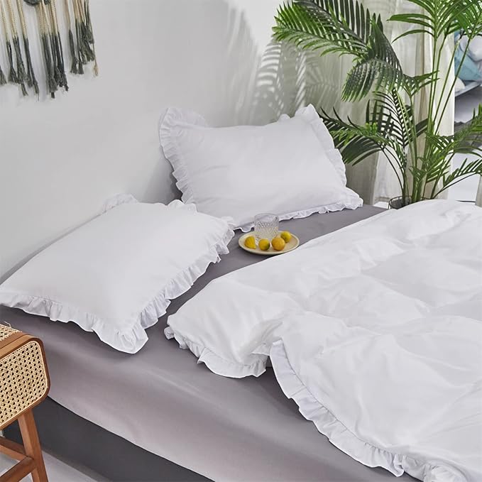 Pureant White Ruffle Comforter Set California King Boho Lace Bedding Comforter Cal King Vintage Farmhouse Comforter Solid Color Shabby Chic Quilts Plain White Fluffy Ruffled Fringe Bed