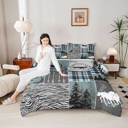 Erosebridal Western Cowboy Bedding Set King, Horse Arrow Comforter Set with 2 Pillow Cases, Riding Boots Horseshoe Quilt Rustic Farmhouse Patchwork Duvet Insert for Kids Boys Teens Bedroom Decor