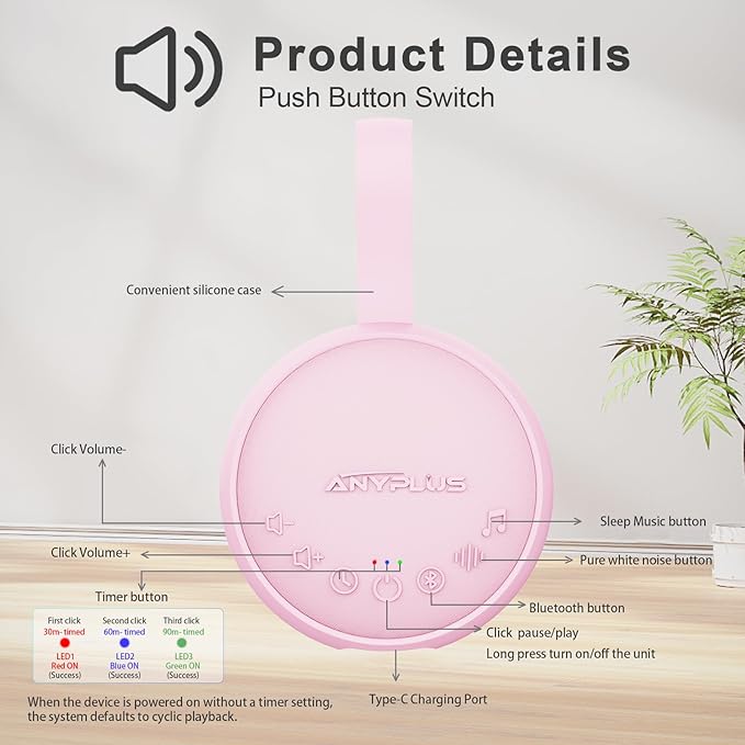 White Noise Sound Machine for Sleeping Adults & Baby, Portable Noise Machine with 24 Soothing Sounds, Bluetooth 5.1, Battery Powered, 3 Timer Settings, Memory Function for Home, Office, Travel (Pink)