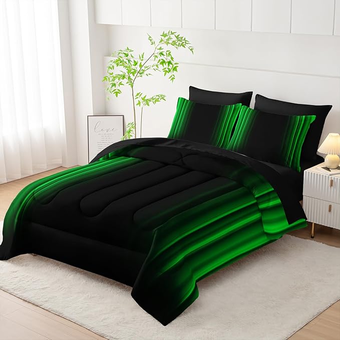 Green and Black Bedding Set Full Size Abstract Ombre Comforter Set Bedding Set 7 Piece in A Bag,Dark Quilt Set Mordern Art Decor All Seasons with Pillowcases,Flat, Fitted Sheet