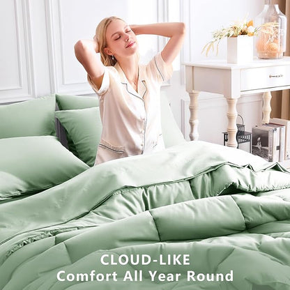 CozyLux King Size Comforter Set Sage Green, 7 Pieces Bed in a Bag, Green Comforter King Size, All Season Bedding Sets with Stitch Quilted Comforter, Flat Sheet, Fitted Sheet, Pillowcases