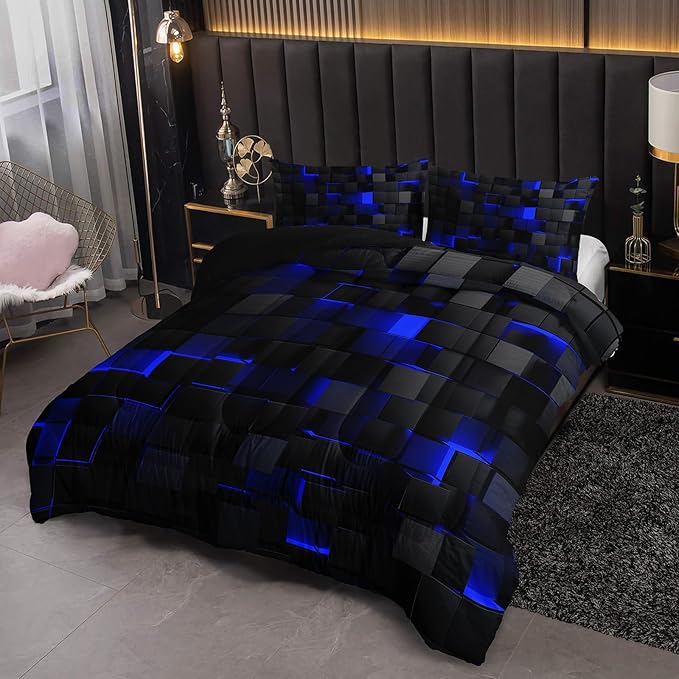Neon Blue Black Comforter Set Twin Geometric Kids Bedding Set,3 PCS Geometry Honeycomb Bed Set Modern Quilt Set 1 Comforter 2 Pillow Cases Cool Room Decor All Season B-Side Black