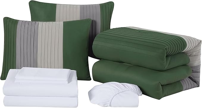 Chezmoi Collection Briar 7-Piece King Bed in a Bag - All Season Lightweight Microfiber Comforter Set - Includes Sheets & Shams - Forest Green/Gray/Cream Pleated Stripe Design