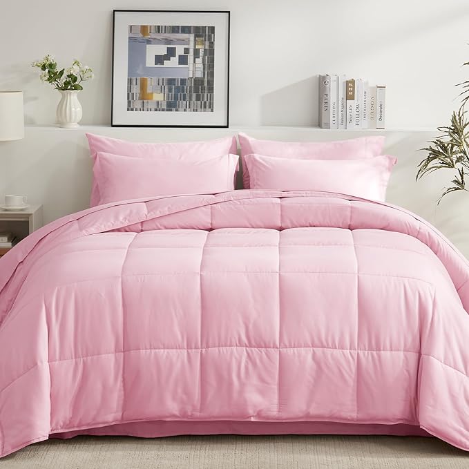 COZYART King Comforter Set 7 Pcs, Pink Bed in a Bag, All Season Lightweight Soft Reversible Bedding Set, 1 Comforter, 1 Flat Sheet, 1 Fitted Sheet, 2 Pillow Shams, 2 Pillowcases