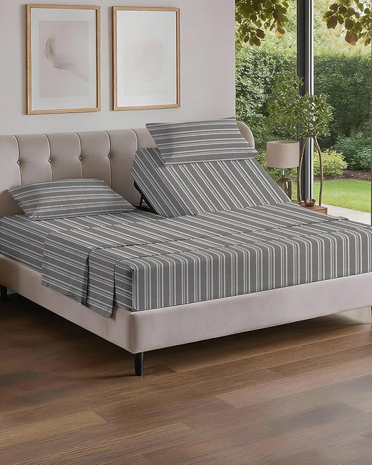 Flex Top Split Head King 4 Piece Sheet Set - Comfy Breathable & Cooling Bed Sheets Set - Hotel Luxury Bedding for Women, Men, Kids, Teens, Boys & Girls - Deep Pockets, Soft - Oeko-Tex - Grey Stripes
