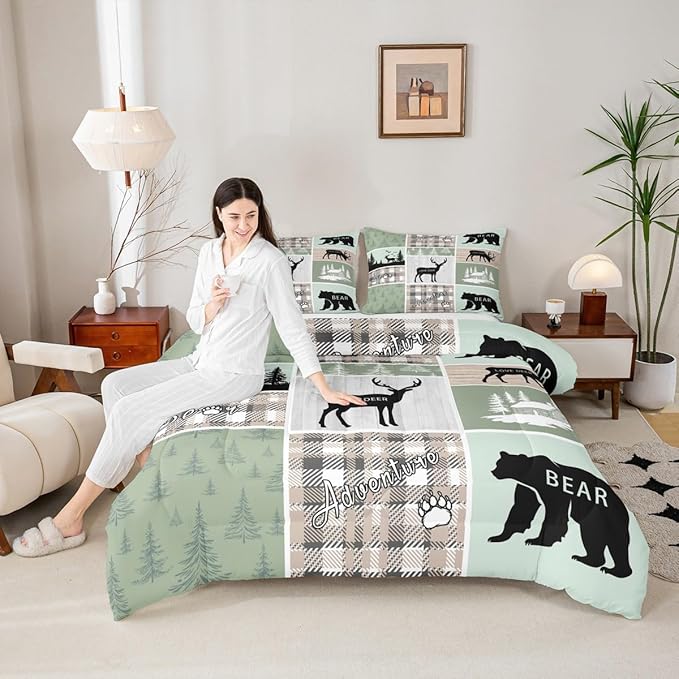 Erosebridal Bear Comforter Set, Rustic Farmhouse Bedding Queen Size for Kids Boys Teens Adult Bedroom, Vintage Cabin Lodge Quilt Forest Animal Wildlife Patchwork Duvet Insert Bear Decor for Nursery