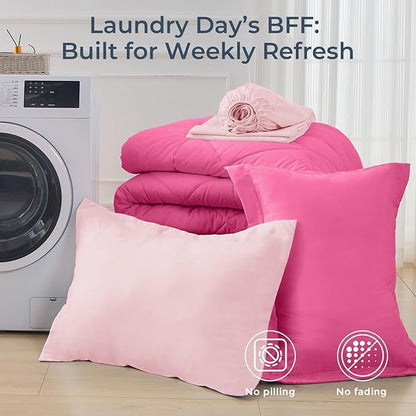 HEVUMYI Hot Pink & Baby Pink Twin Comforter Set - 5-Piece All Season Bed in a Bag Twin, Ultra Soft Bedding Set with Comforter, Flat Sheet, Fitted Sheet, Pillowcases, Pillow Shams