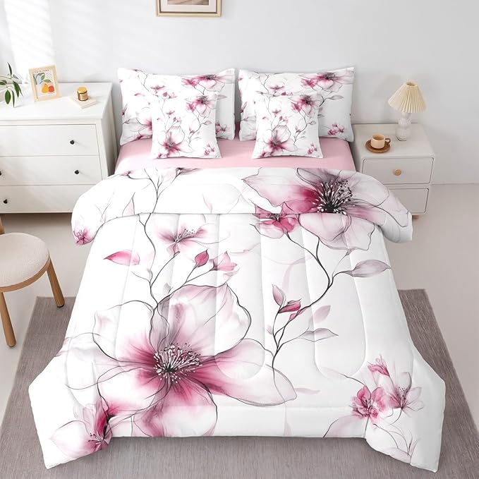 Erosebridal Pink Floral Comforter Set with Sheets King, Elegant Boho Flower 7 Pcs Bedding Set for Young Women Adults Girls, Watercolor Flower Bed in A Bag, Ink Painting Style Blossom & Leaf Bed Sets