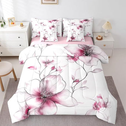 Erosebridal Pink Flower Comforter Set with Sheets Full, Elegant Boho Floral 7 Pcs Bedding Set for Young Women Adults Girls, Watercolor Flower Bed Sets, Ink Painting Style Blossom & Leaf Bed in A Bag