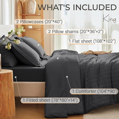 MUXHOMO 7 Pieces King Comforter Set, Seersucker Bed in a Bag King Size, All Season Luxury Bedding Set with Comforter, Flat Sheet, Fitted Sheet, Pillowcases & Shams, Dark Grey